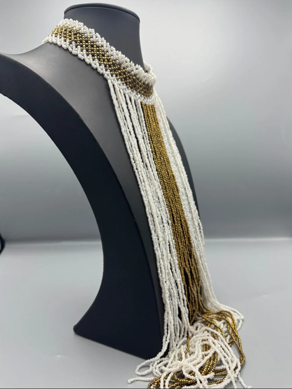 Handmade White and Gold Seed Bead Fringe Necklace - Picture 2 of 3